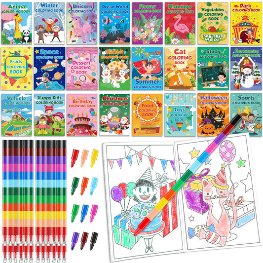Bottles N Bags 24 Mini Coloring Books & 24 Crayons Bulk Coloring Books for kids.
