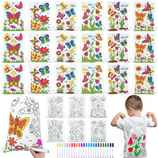 Cosblank 24 Pcs Color Your Own Butterfly Drawstring Bags Crafts for Kids Coloring Goodie Bags with Markers Non Woven Coloring Bags DIY Crafts Classroom Butterfly Birthday Coloring Party Supplies Favor